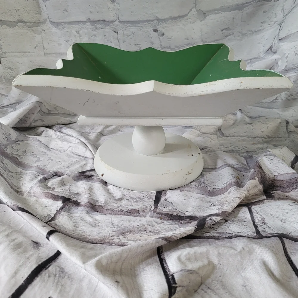 Green and White Decorative Wooden Square Bowl. Vintage.  Fruit included